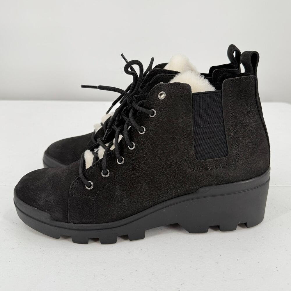 NEW Eileen Fisher Black Calm Shearling Lace Up Wedge Hiker Boot Booties Size 8